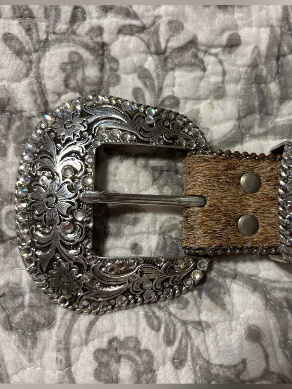 Nocona Western Hair-On Hide Belt with Crystals and Ornate Silver Buckle